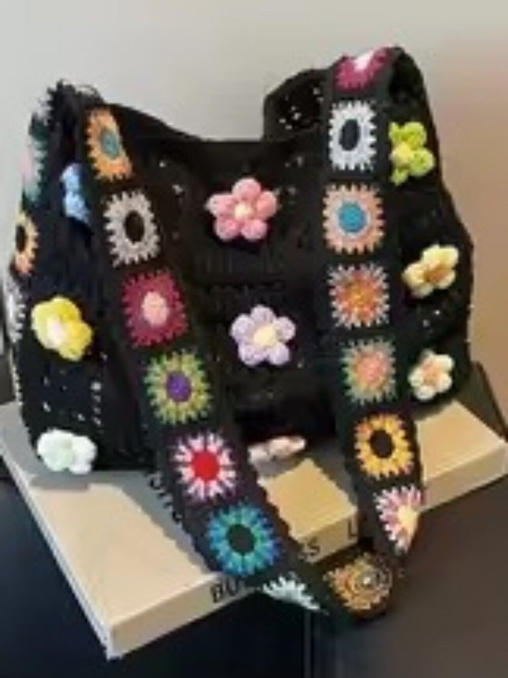 Crochet Flower Tote, Granny Square Shoulder Bag, Boho Knit Handbag